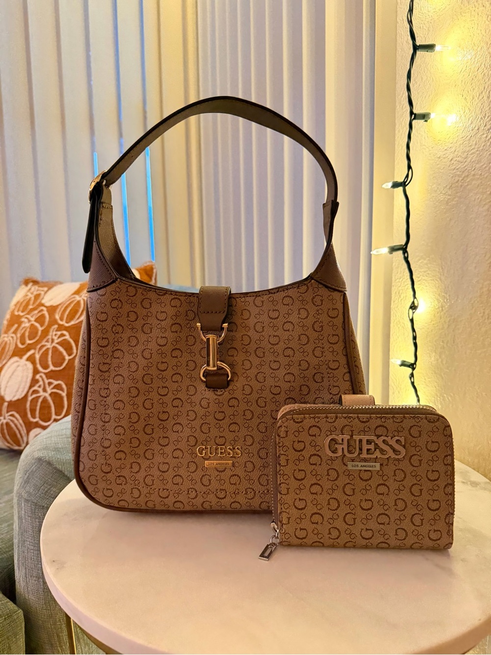 GUESS Monogram Brown Shoulder Bag with Matching Wallet
